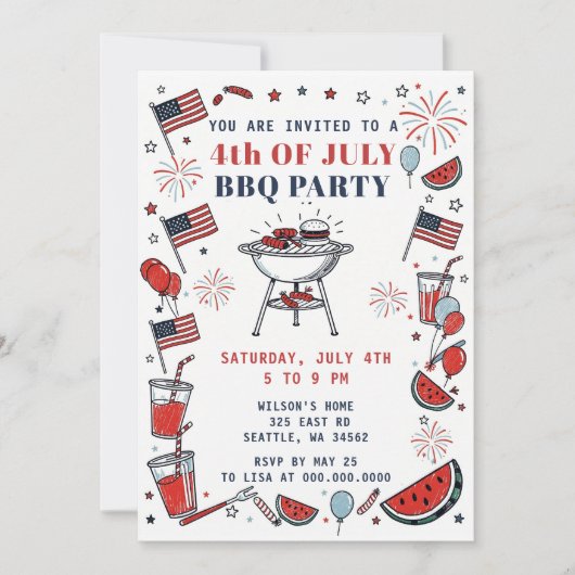 Doodle Hand Drawn July 4th BBQ Holiday Party  招待状 (正面)