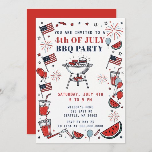 Doodle Hand Drawn July 4th BBQ Holiday Party  招待状 (正面/裏面)
