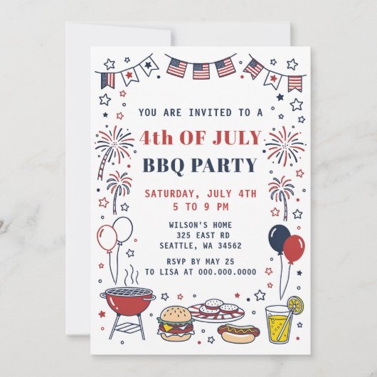 Doodle Hand Drawn July 4th BBQ Holiday Party 招待状 (正面)