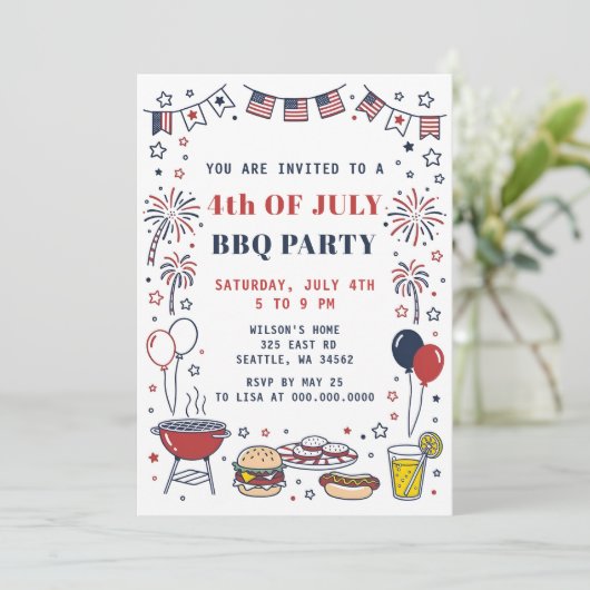 Doodle Hand Drawn July 4th BBQ Holiday Party  招待状 (スタンド正面)