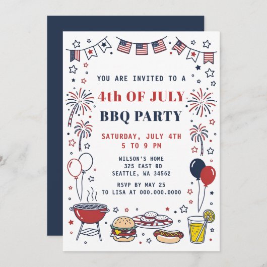 Doodle Hand Drawn July 4th BBQ Holiday Party  招待状 (正面/裏面)