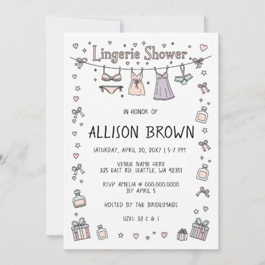 Doodle Hand Drawn Lingerie Shower Bachelorette  招待状 (正面)