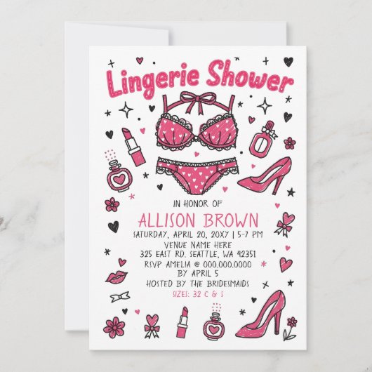 Doodle Hand Drawn Lingerie Shower Bachelorette  招待状 (正面)