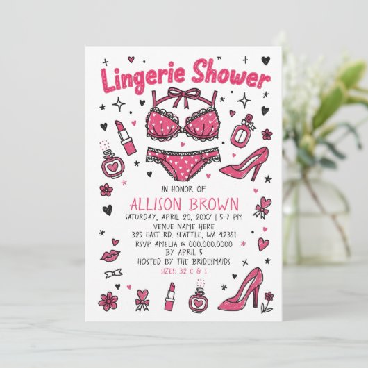 Doodle Hand Drawn Lingerie Shower Bachelorette  招待状 (スタンド正面)