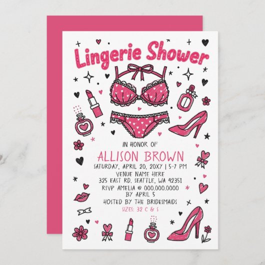 Doodle Hand Drawn Lingerie Shower Bachelorette  招待状 (正面/裏面)