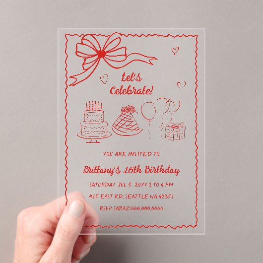 Doodle Hand drawn Pink Red Coquette Bow Birthday アクリル招待状 (インサイチュ (ポータブル))