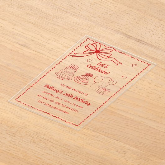 Doodle Hand drawn Pink Red Coquette Bow Birthday アクリル招待状 (レイダウン)