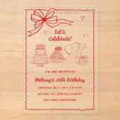 Doodle Hand drawn Pink Red Coquette Bow Birthday アクリル招待状 (正面)