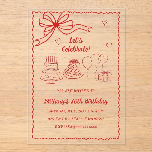 Doodle Hand drawn Pink Red Coquette Bow Birthday アクリル招待状 (正面)