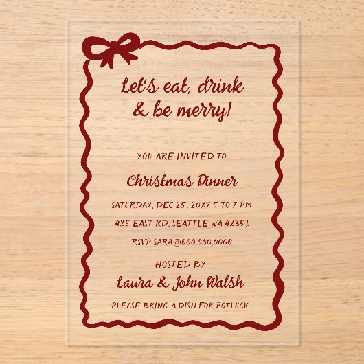 Doodle Hand drawn Red Bow Christmas Party アクリル招待状 (正面)