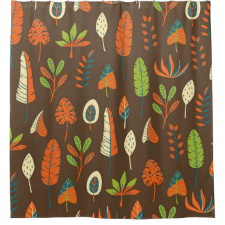 Doodle Hand Drawn Tropical Pattern with Leaves on シャワーカーテン