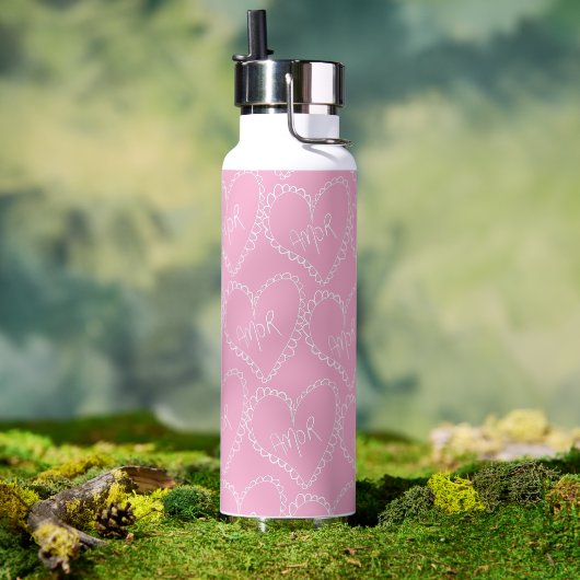 Doodle Heart Valentines Pink Water Bottle ウォーターボトル (アウトドア (回転後))