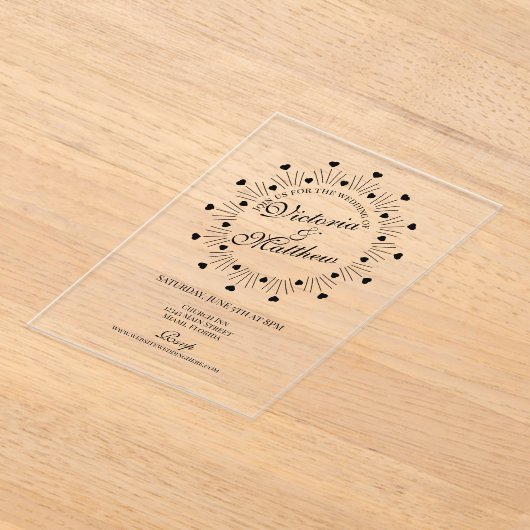 Doodle Hearts Frame Script Wedding アクリル招待状 (レイダウン)