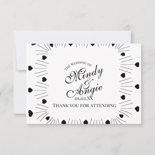 Doodle Hearts Frame Script Wedding サンキューカード (正面)