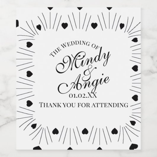 Doodle Hearts Frame Script Wedding ワインラベル (シングルラベル)