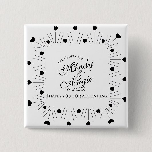 Doodle Hearts Frame Script Wedding 缶バッジ (正面)