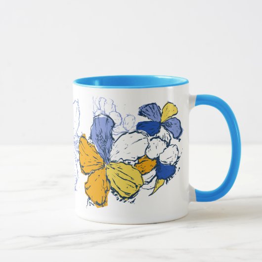 "Doodle Hibiscus" ブルーのマグカップ マグカップ (右)