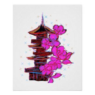 Doodle japonés: La belleza serena de una pagoda ポスター