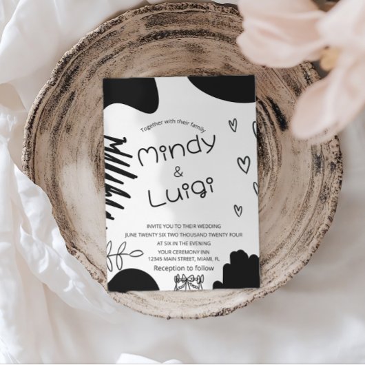 Doodle Organic Shapes Script Wedding 招待状