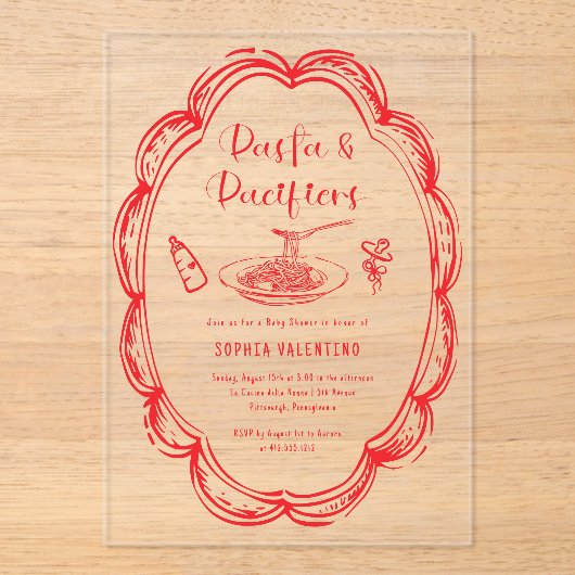 Doodle Pasta and Pacifiers Baby Shower  アクリル招待状 (正面)