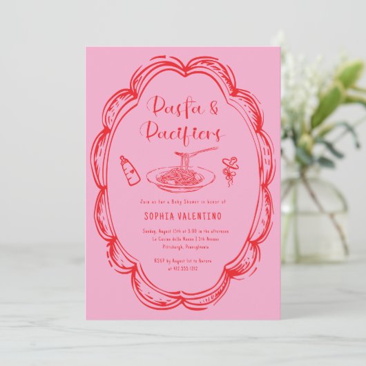 Doodle Pasta and Pacifiers Baby Shower  招待状 (スタンド正面)