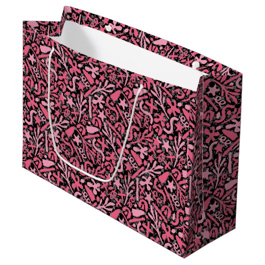 Doodle Pattern in Pink.01.wブラックBG ラージペーパーバッグ (正面アングル)