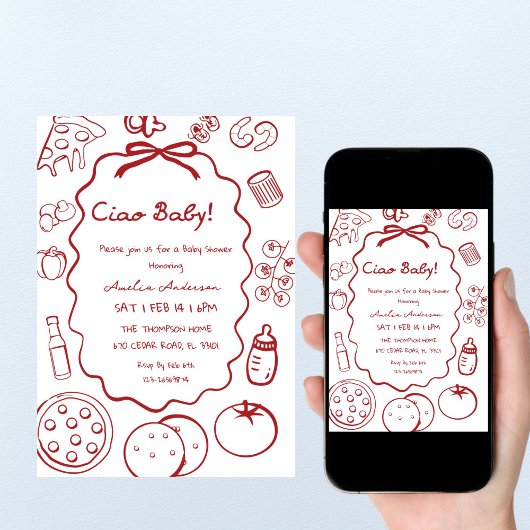 doodle Pizza Italian Ciao Baby Shower Invitation 招待状