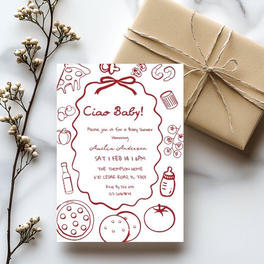 doodle Pizza Italian Ciao Baby Shower Invitation 招待状