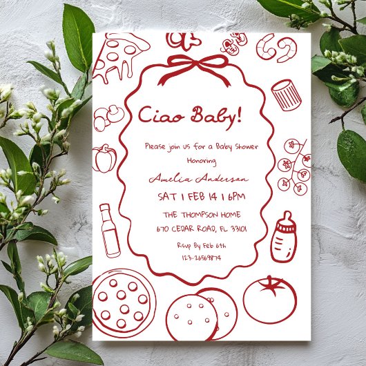 doodle Pizza Italian Ciao Baby Shower Invitation 招待状