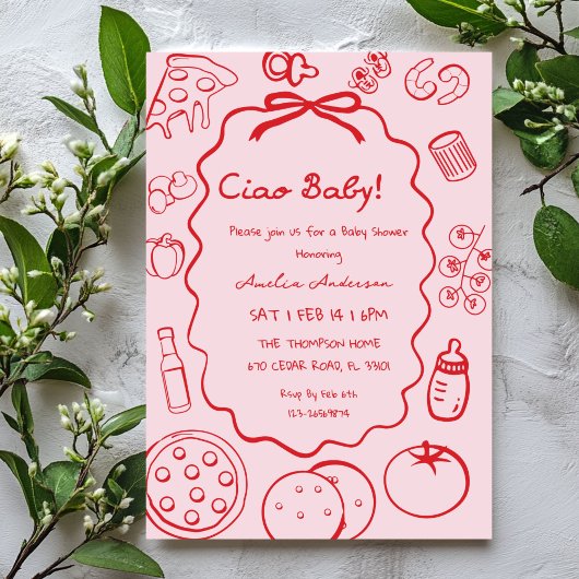doodle Pizza Italian Ciao Baby Shower Invitation 招待状