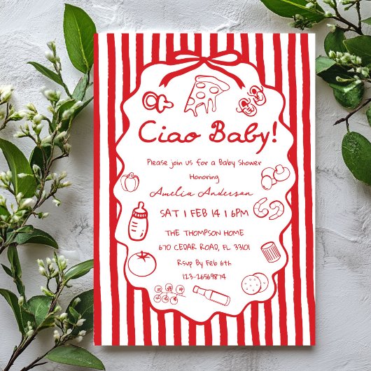 doodle Pizza Italian Ciao Baby Shower Invitation 招待状