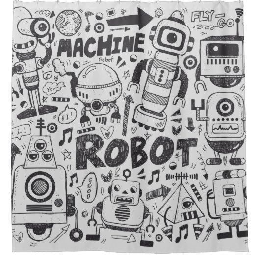 doodle robot element, illustrator line tools drawi シャワーカーテン (正面)