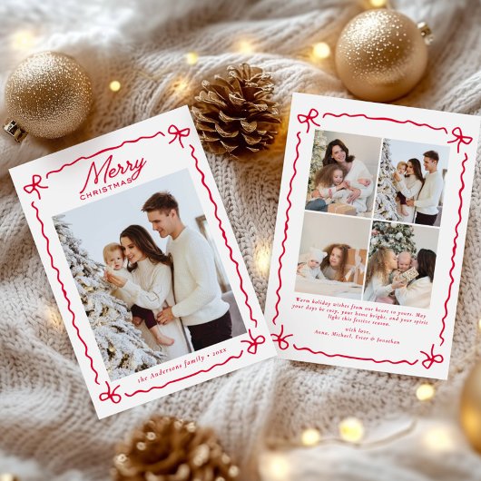 Doodle Whimsical Red Bow Photo collage Christmas シーズンカード