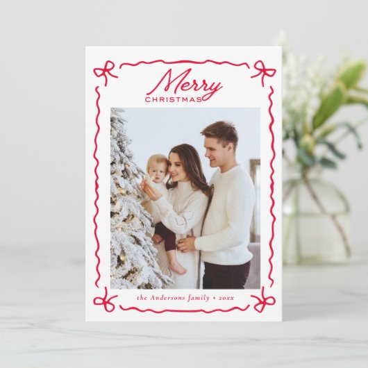 Doodle Whimsical Red Bow Photo collage Christmas   シーズンカード (スタンド正面)