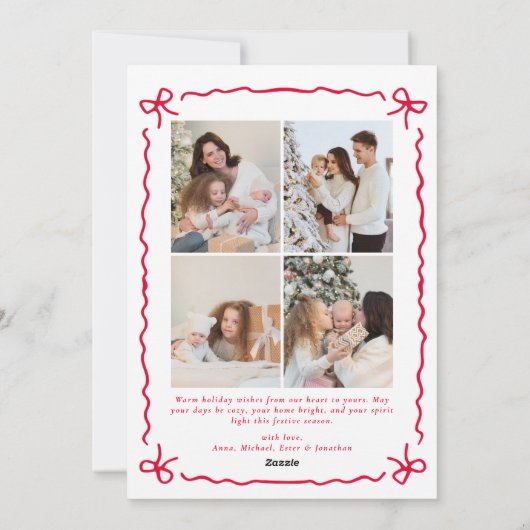 Doodle Whimsical Red Bow Photo collage Christmas シーズンカード (裏面)