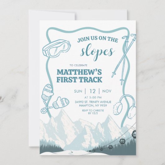 Doodle Winter Blue pastel Ski 1st birthday 招待状 (正面)