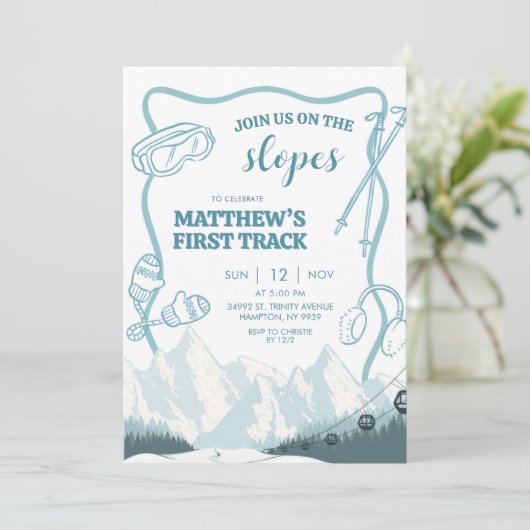 Doodle Winter Blue pastel Ski 1st birthday 招待状 (スタンド正面)