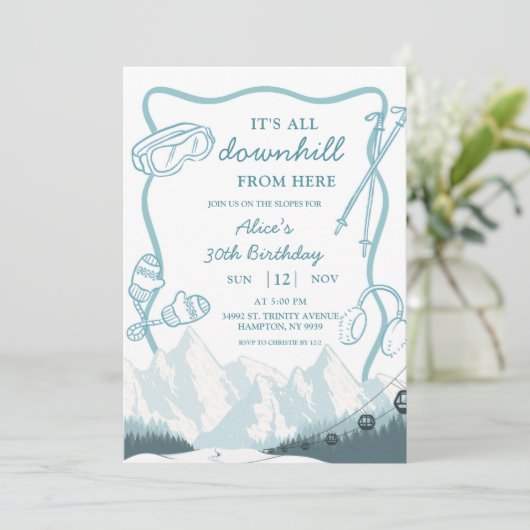 Doodle Winter Blue pastel Ski downhill birthday 招待状 (スタンド正面)