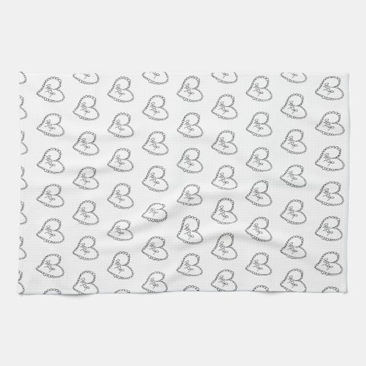 Doodles Black Hearts Valentines Day キッチンタオル (横)