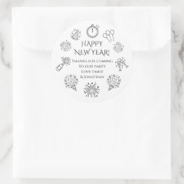 Doodles Black text New Year Party Thank you ラウンドシール