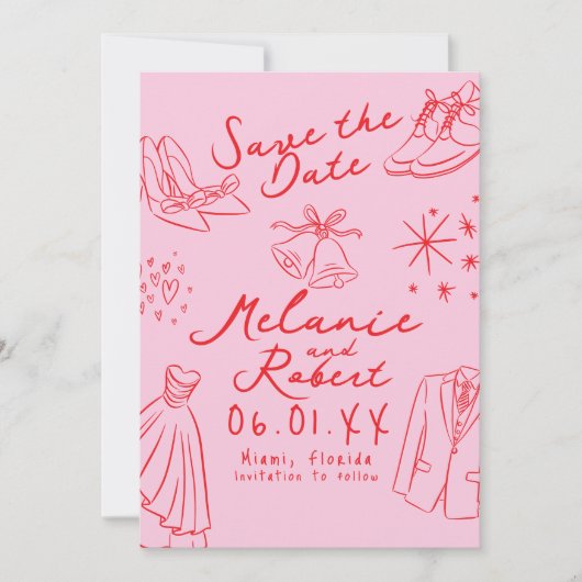 Doodles Hand Drawn Black White Groom Bride  セーブザデート (正面)