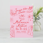 Doodles Hand Drawn Black White Groom Bride  セーブザデート (スタンド正面)