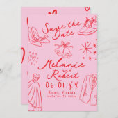 Doodles Hand Drawn Black White Groom Bride  セーブザデート (正面/裏面)