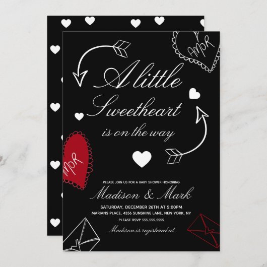 Doodles Sweetheart On the way Baby Shower 招待状 (正面/裏面)