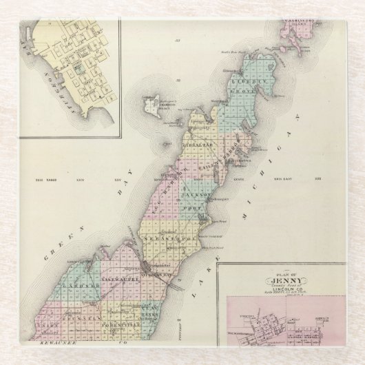 Door郡、チョウザメ湾およびジェニーの地図 ガラスコースター (正面)