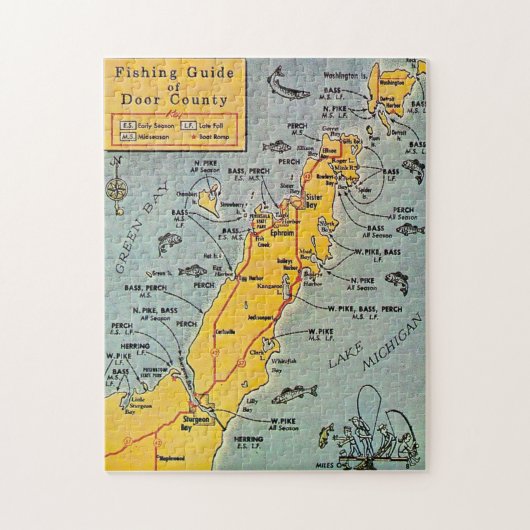 "Door County Fishing Map 11x14 Jigsaw Puzzle ジグソーパズル (縦)