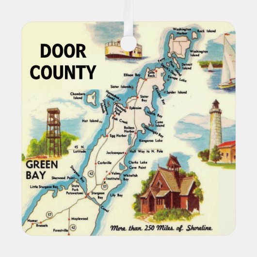 Door County Postcard Map Ornament メタルオーナメント (正面)
