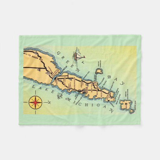 Door County Vintage Map Fleece Throw フリースブランケット (正面(横))