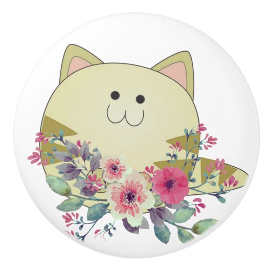 Door Knob Floral Cat Kitten セラミックノブ (正面)