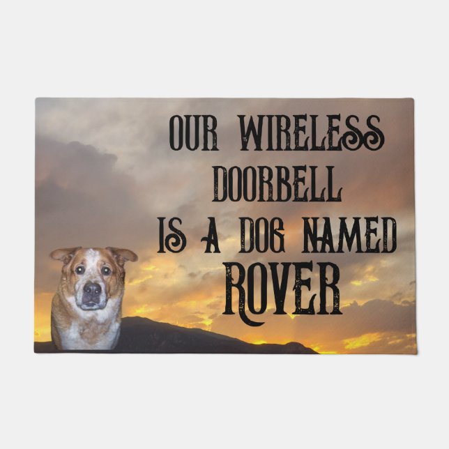 Doorbell is Dog Photo and Name | Golden Sunset ドアマット (正面)